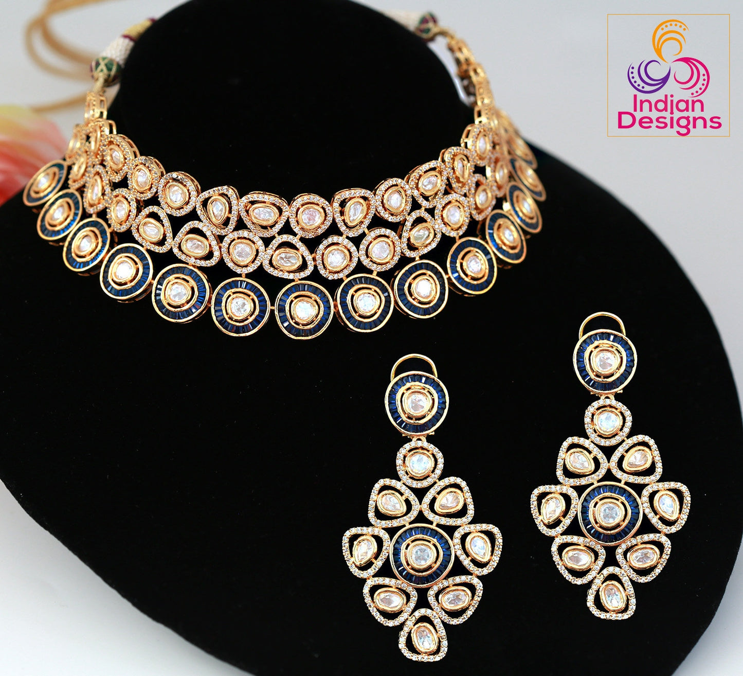 Two-Tiered Polki Choker Necklace Set | Dual-Tone AD Stone Wedding Jewelry | Ruby, Emerald, Blue, Multi-Color Statement Choker| gift for her