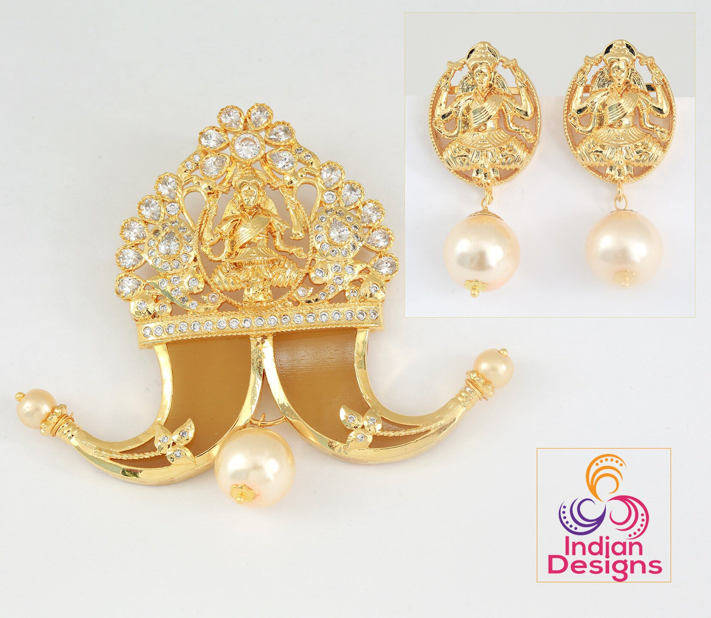 Traditional Lakshmi Pendant with Earrings| Gold plated Puligoru Tiger Claw South Indian Pendant design| Gold tone American Diamond Pendant