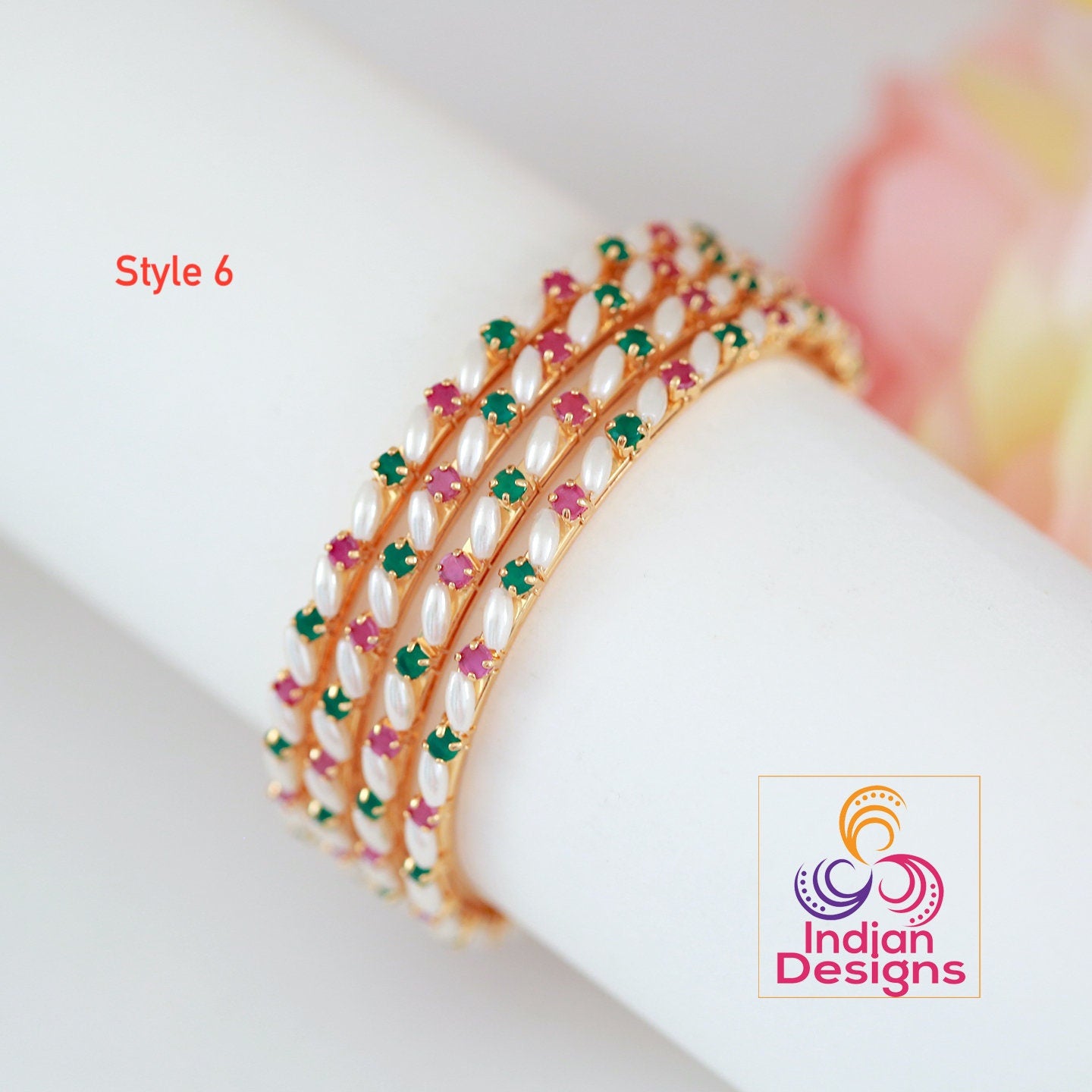 Designer Freshwater Pearl Bangle Bracelet | Gold Plated Real Pearl bangles with Ruby Emerald stone work | Unique Stone bangle gold design