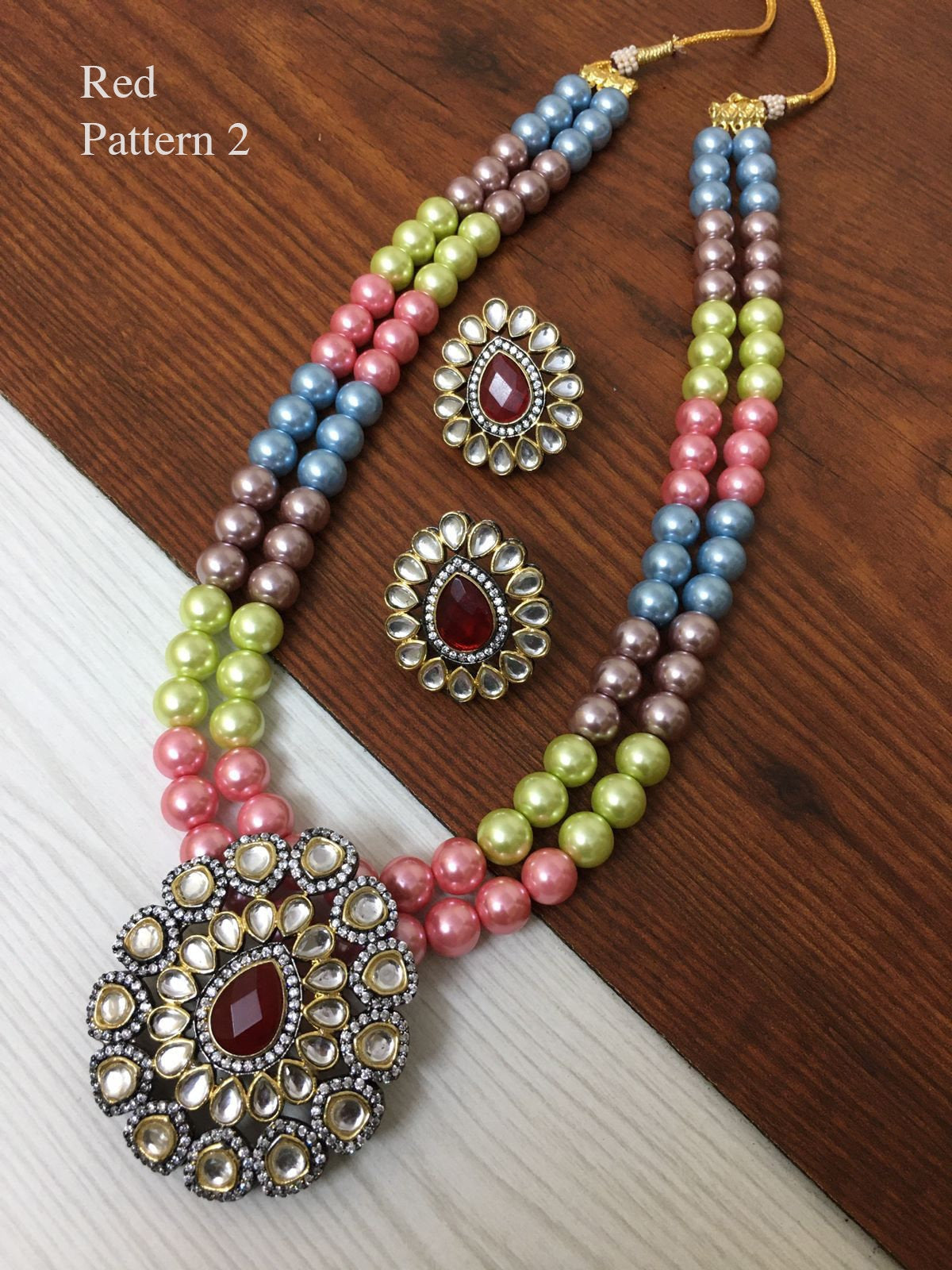 Multi color bead necklace Kundan Pendant Set | American Diamond Kundan Pendant Earrings | Multi color beads Antique gold Pendant necklace