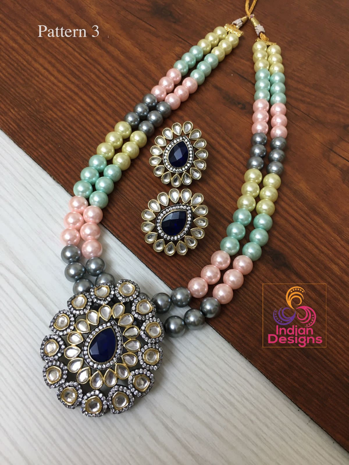 Multi color bead necklace Kundan Pendant Set | American Diamond Kundan Pendant-Blue stone | Multi color beads Antique gold Pendant necklace