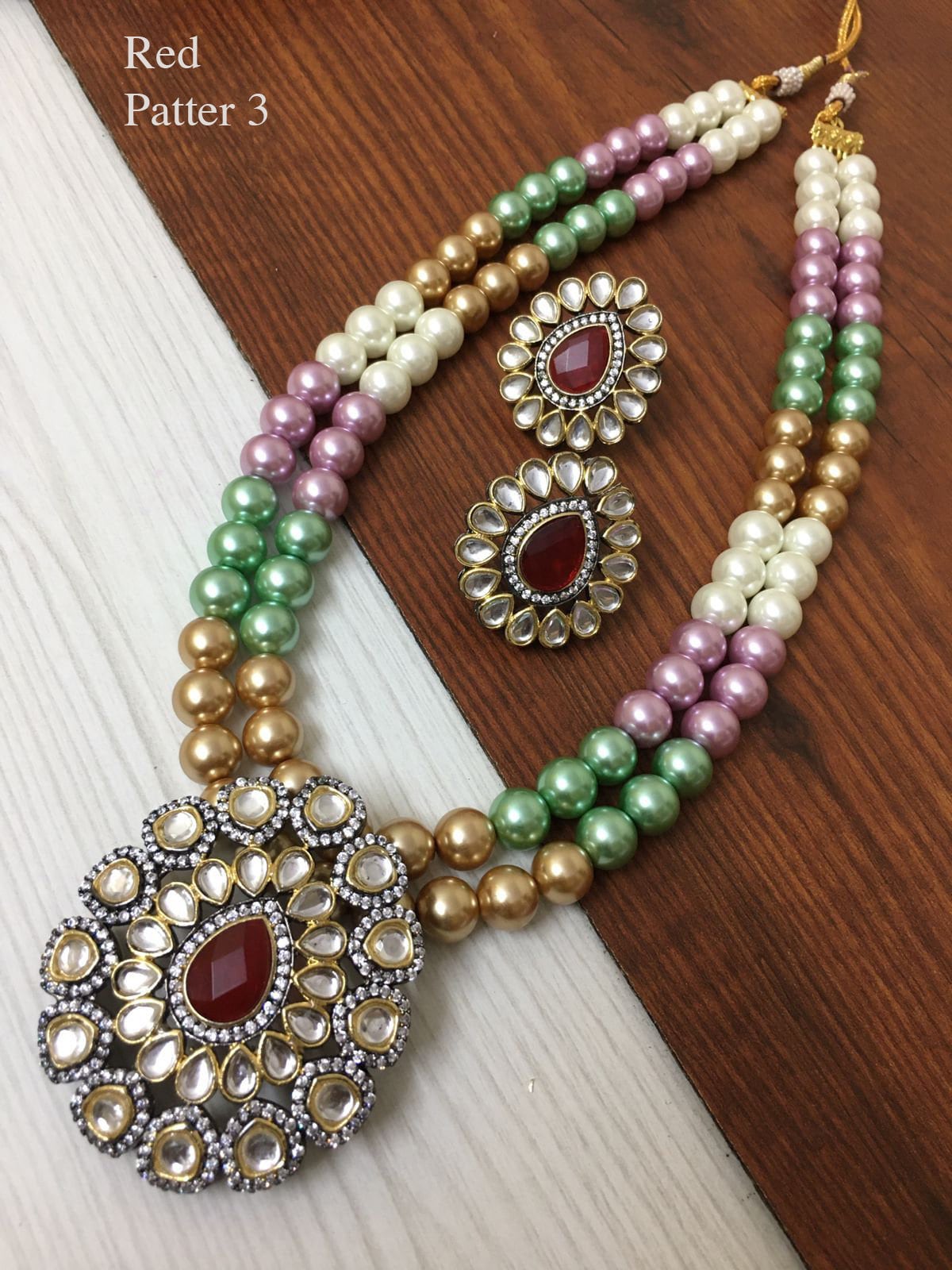 Multi color bead necklace Kundan Pendant Set | American Diamond Kundan Pendant Earrings | Multi color beads Antique gold Pendant necklace