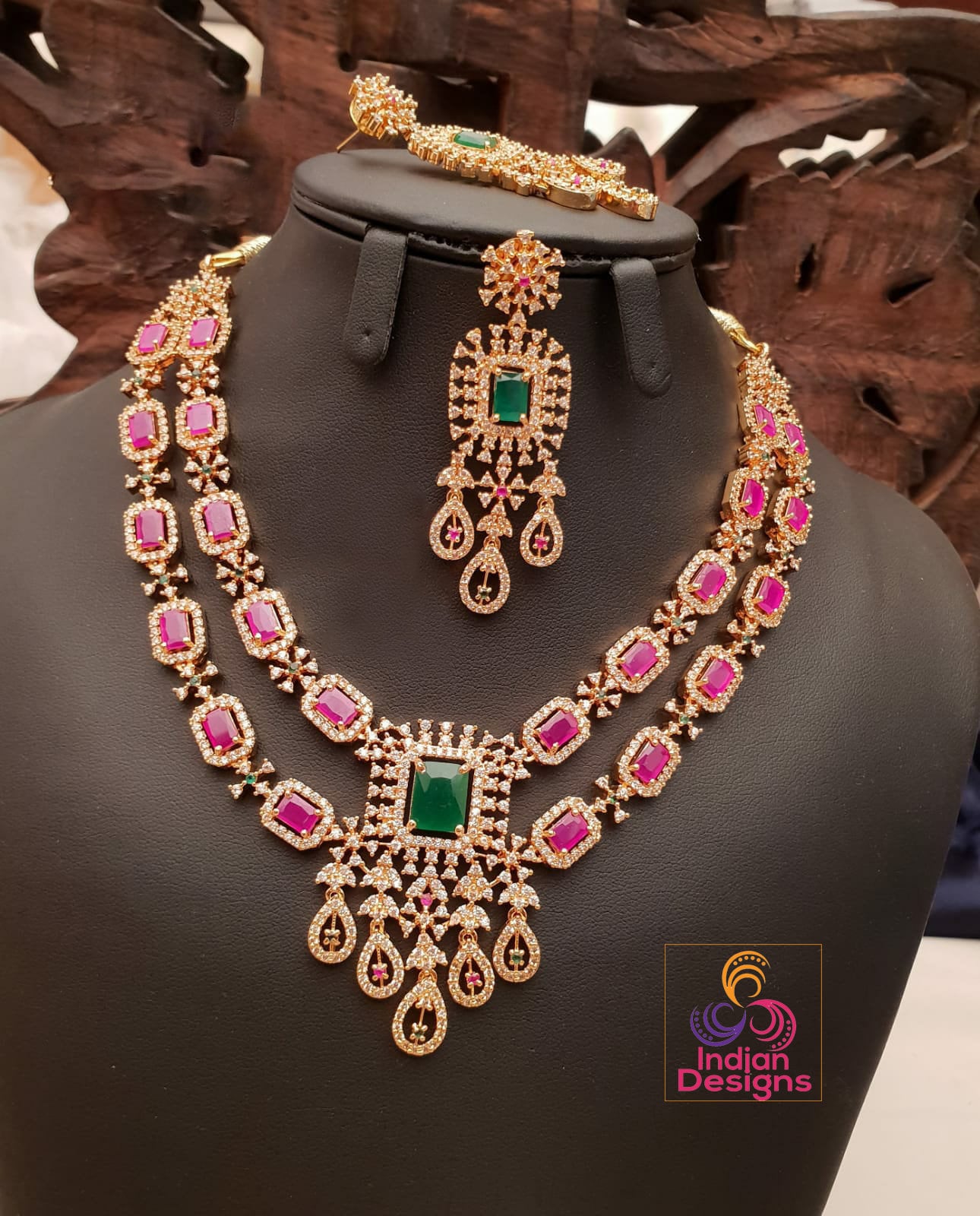 Exclusive Gold Plated American Diamond necklace with Emerald cut Ruby stones| Two layer AD necklace Indian Wedding jewelry set| Gift for her