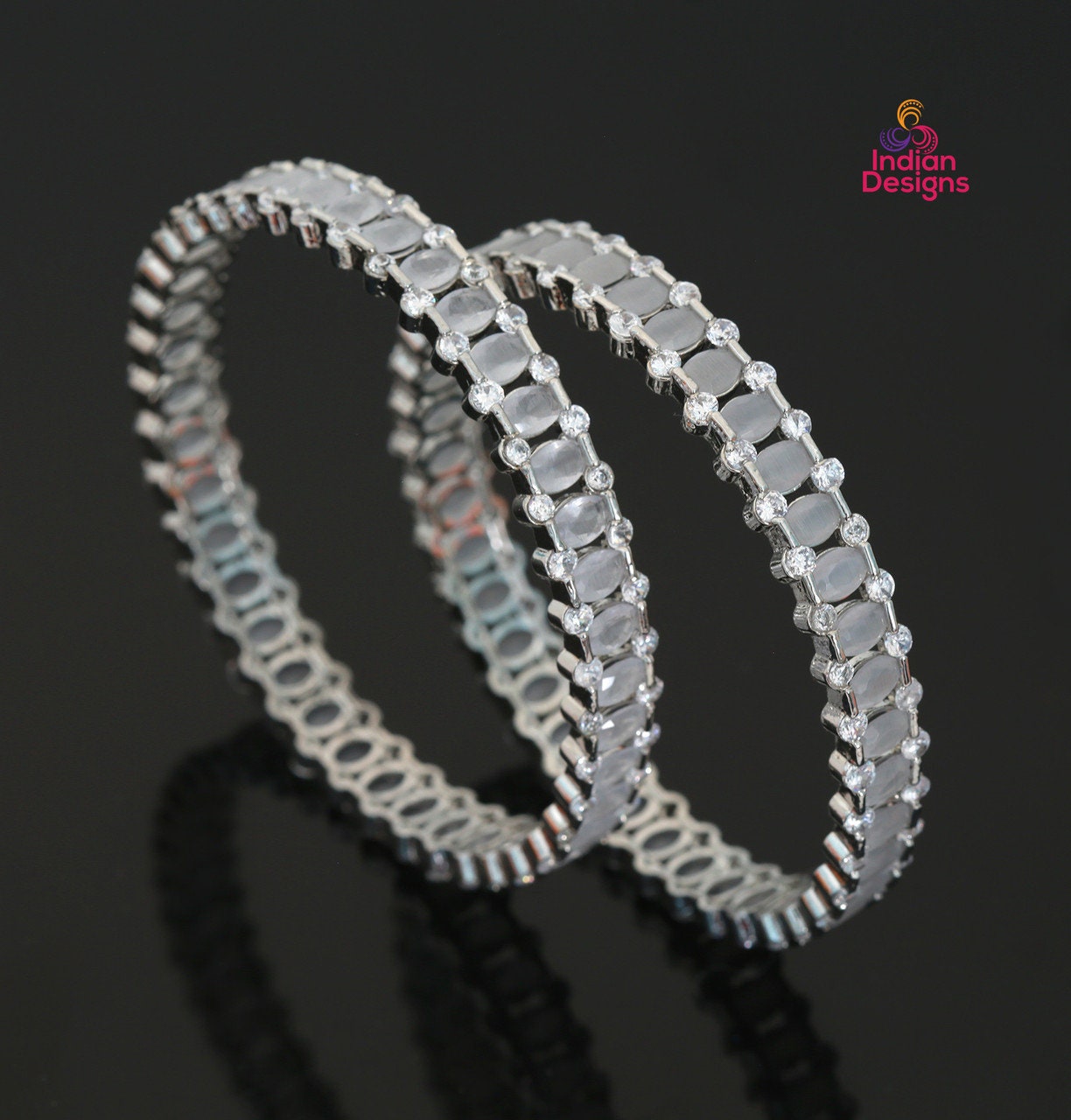 Size 2.8, American Diamond Silver Bangle set| Pair of CZ Diamond Grey Stone AD Bangles| Designer Bangles| Statement Bangles| Gift for her