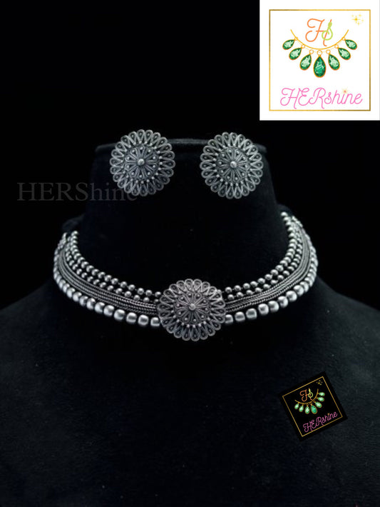 German Silver Antique Oxidised Choker Set, Broad Silver Toned Party Choker Necklace, Tribal Bohemian Oxidized Chokers For Women And Girls