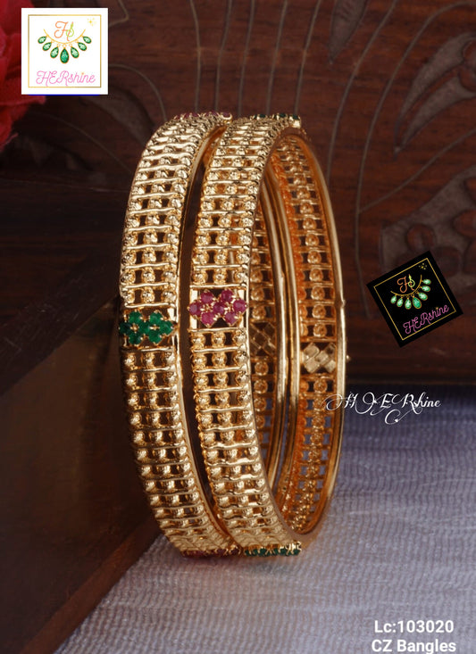 Gold Plated American Diamond Bangles Set, Pink (Red) Green Stones Studded One Gram Gold Bangles Kada, Indian Ethnic CZ Gold Bangle Jewelry