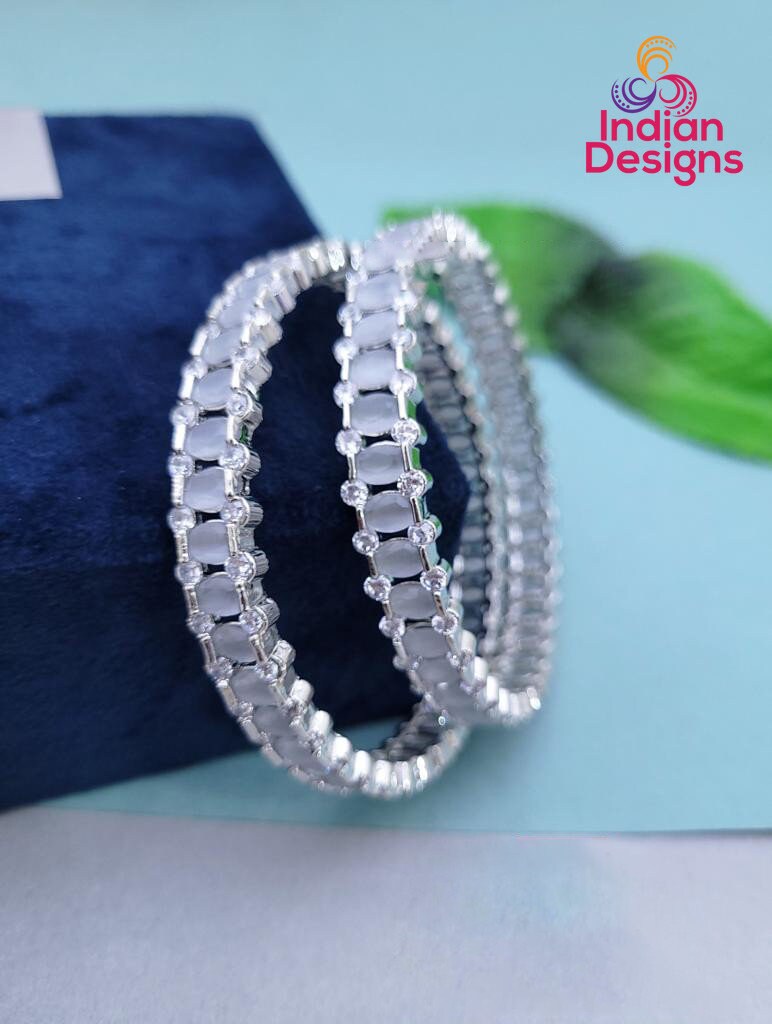 Size 2.8, American Diamond Silver Bangle set| Pair of CZ Diamond Grey Stone AD Bangles| Designer Bangles| Statement Bangles| Gift for her
