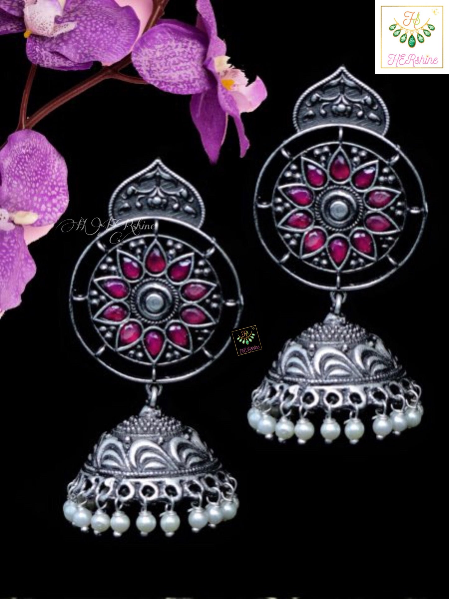 Silver Toned Jhumkas With CZ Stones, Antique Oxidised German Silver Look Alike Earring Jhumki Studded Pink Blue Green Diamond For Party Gift