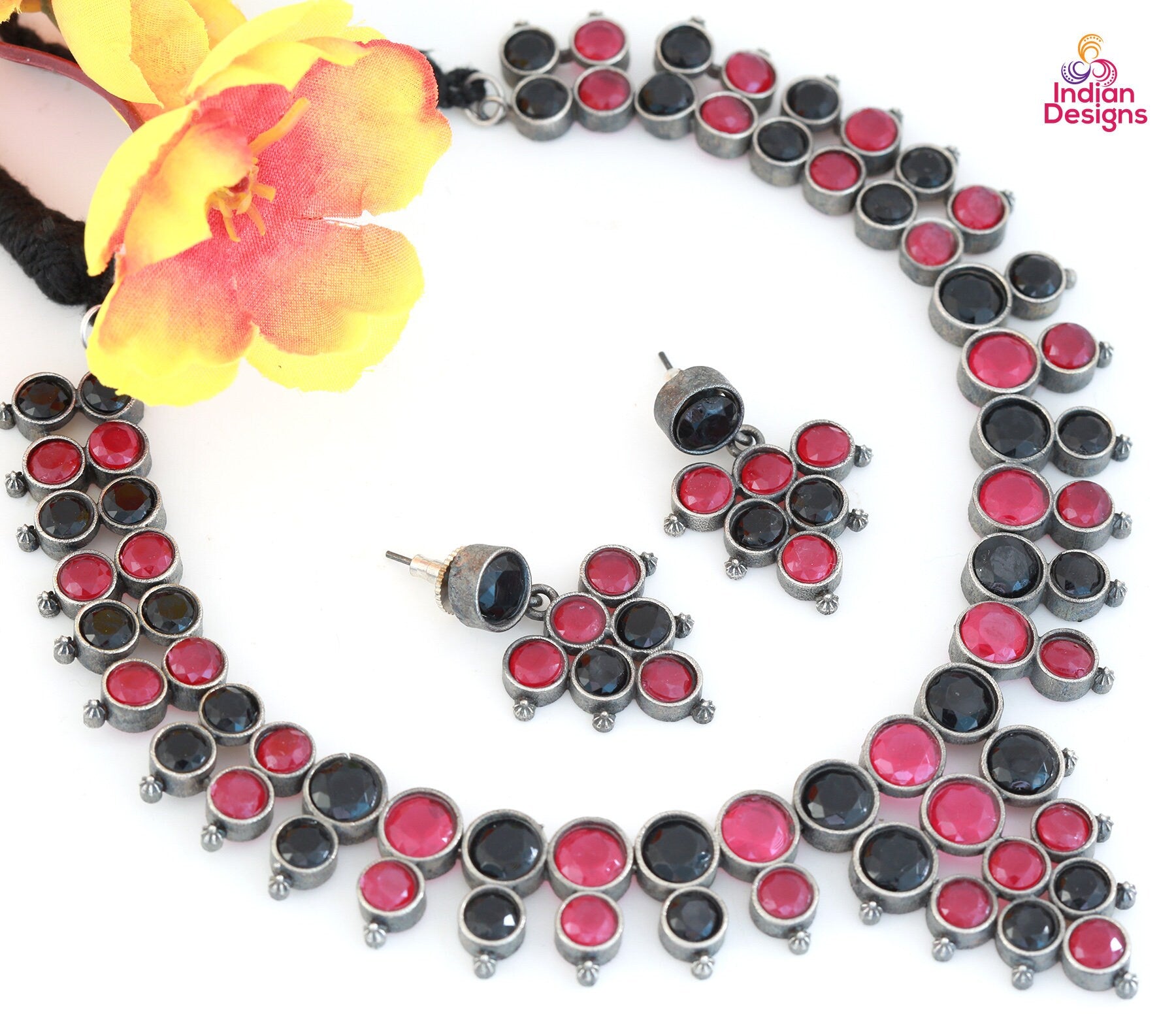 Antique silver choker at Low price | Indian Oxidized Silver Necklace with Color stones | German silver choker necklace