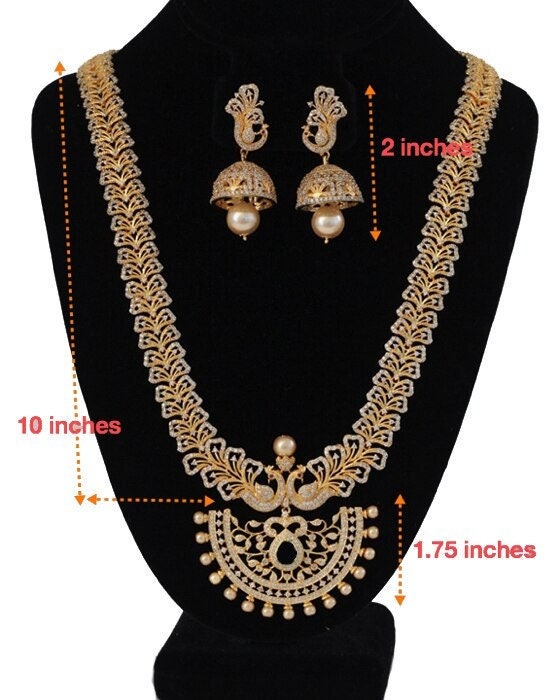 One Gram Gold American Diamond Long Haram Necklace & Jhumka Earrings|Indian Bollywood style Wedding Jewelry|Statement necklace|Gift for her