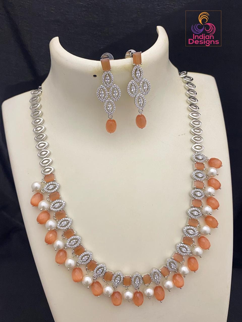 Rhodium Polish American diamond necklace Earring set | CZ Diamond Crystal bead Necklace High Silver Tone | Gift for her | Statement Necklace