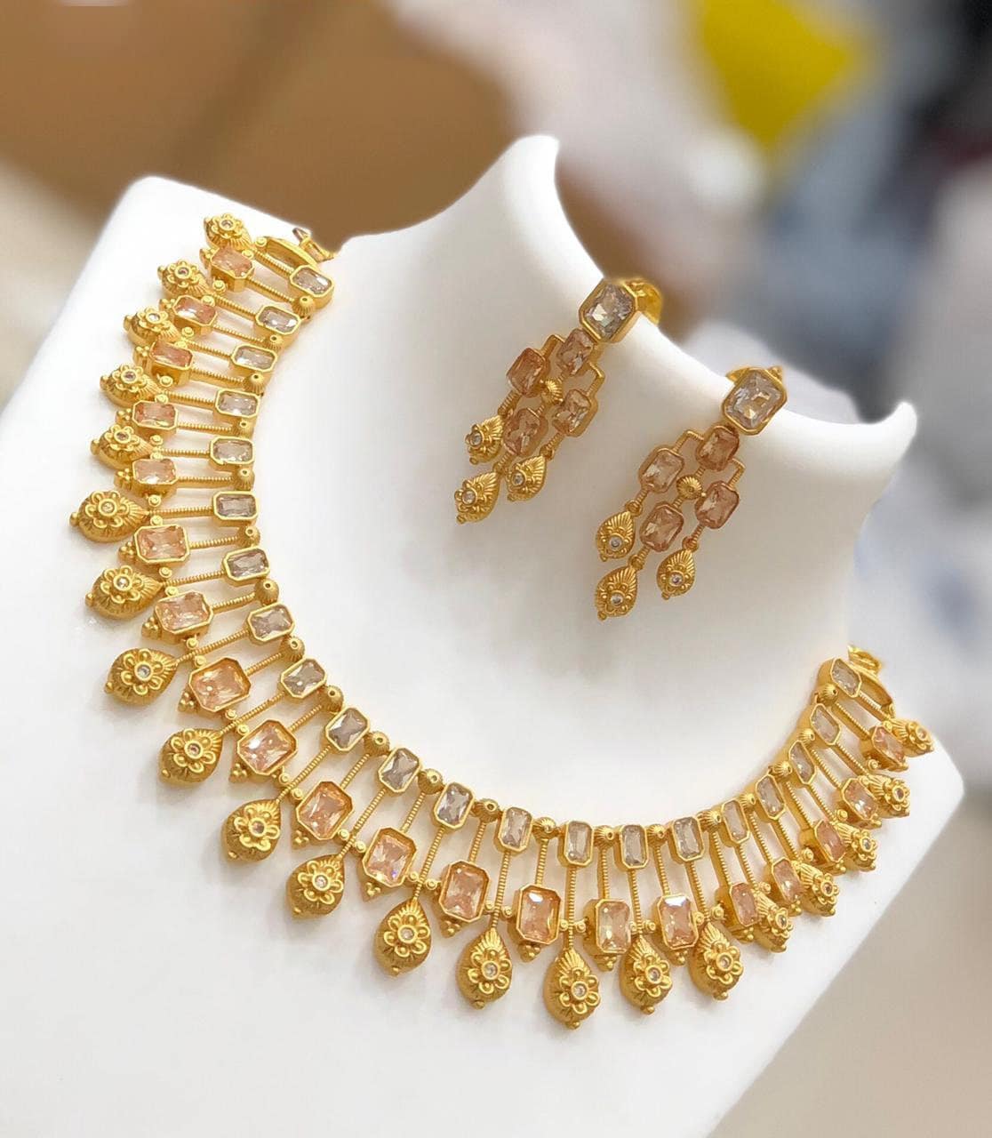 Matte Finish AD stone Necklace set | ruby and white stone necklace |South indian wedding jewelry set | Gold plated American Diamond Necklace
