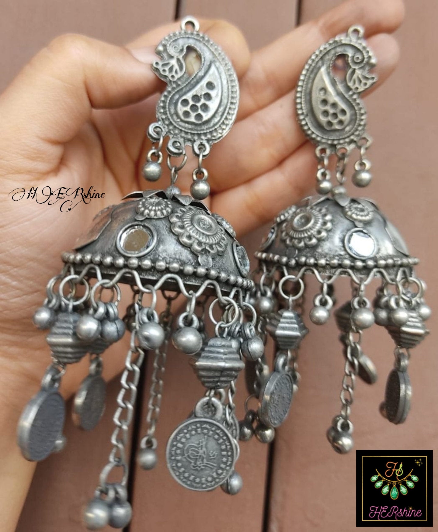 Oxidised German Silver Big Size Jhumkas, Antique Light Weight Tribal - Boho Hippie Dangler Earring jewelry With Gungroo And Charms For Her