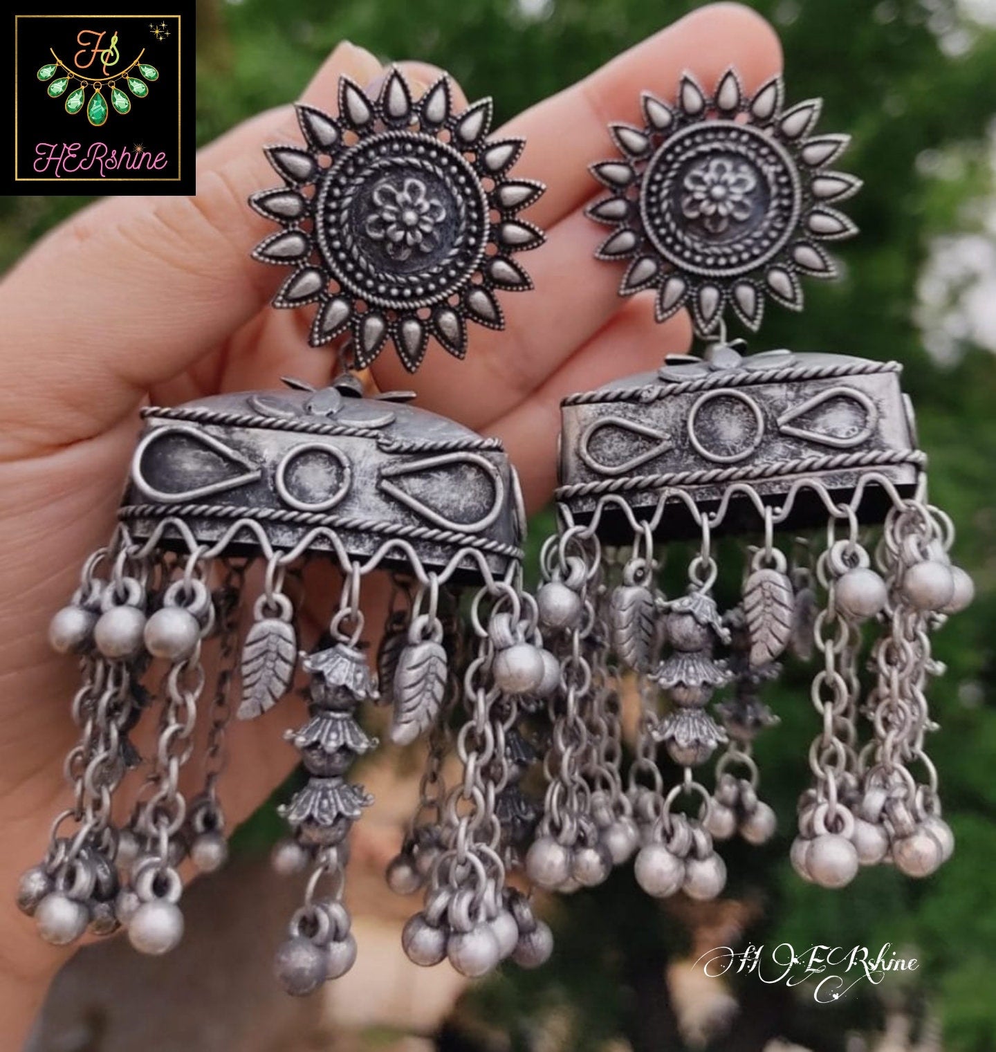 Oxidized Black Polish Square Jhumka, Flower Shaped Stud with Tassel Ghunghru Chain Designer Earring jhumki Women Jewelry For All Occasions