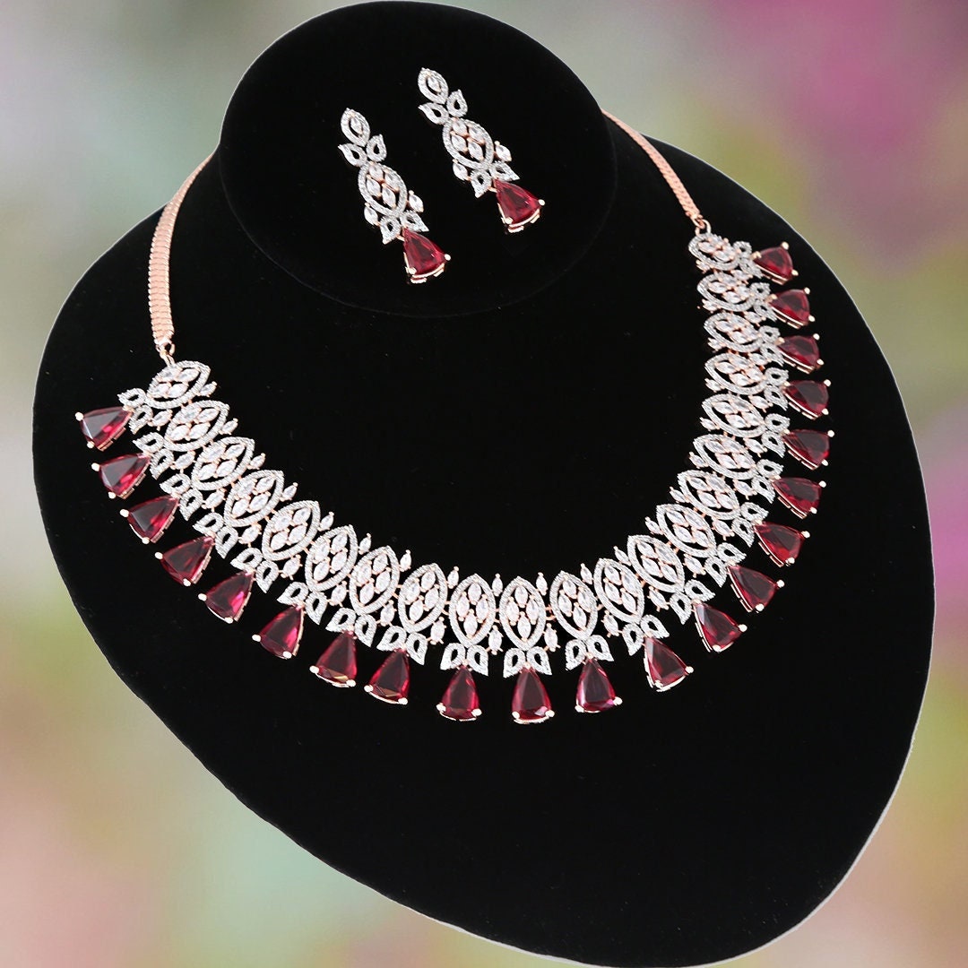 Rose Gold AD Stone Pink Choker Necklace Set| Grand Indian Bridal Wedding Jewelry| Indian-Pakistani Style Wedding Jewelry| Gift for her