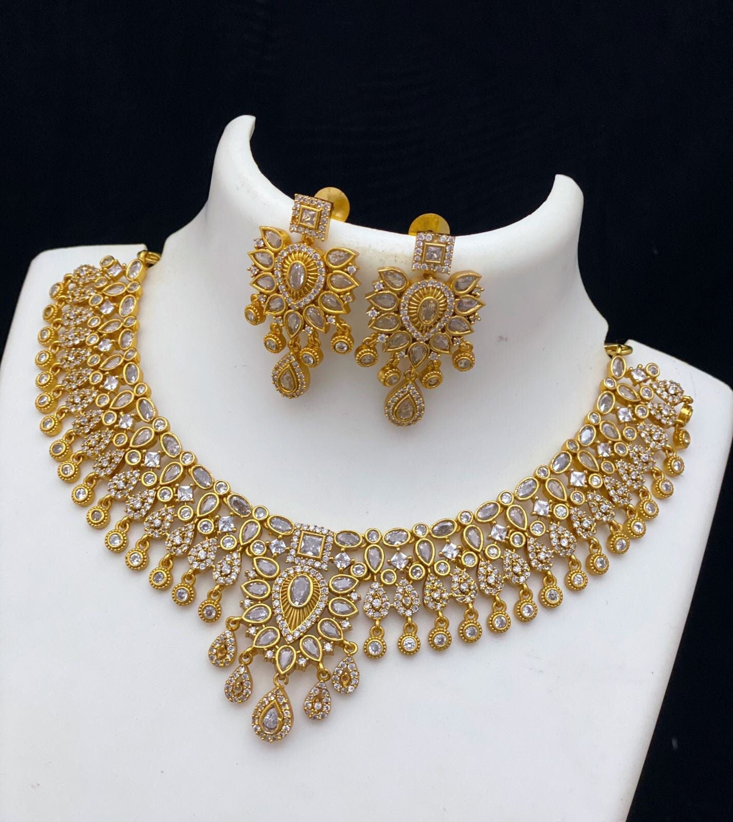 South Indian Style Matte Gold Plated Kemp choker necklace Earrings| Indian Temple Jewelry | Red Green & White real Kemp necklace designs