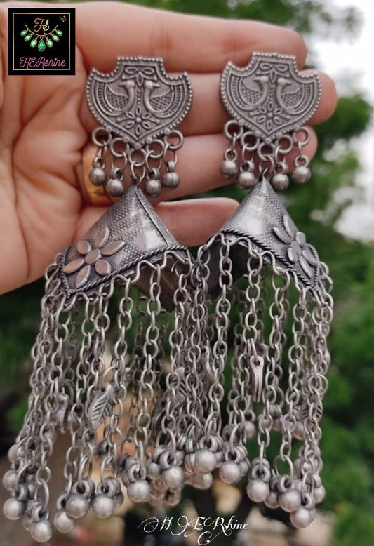 Oxidised Black Polished Designer Jhumka,German Silver Light Weight Big Dangler Samosa Earring With Chains For Weddings,Anniversary,Birthday