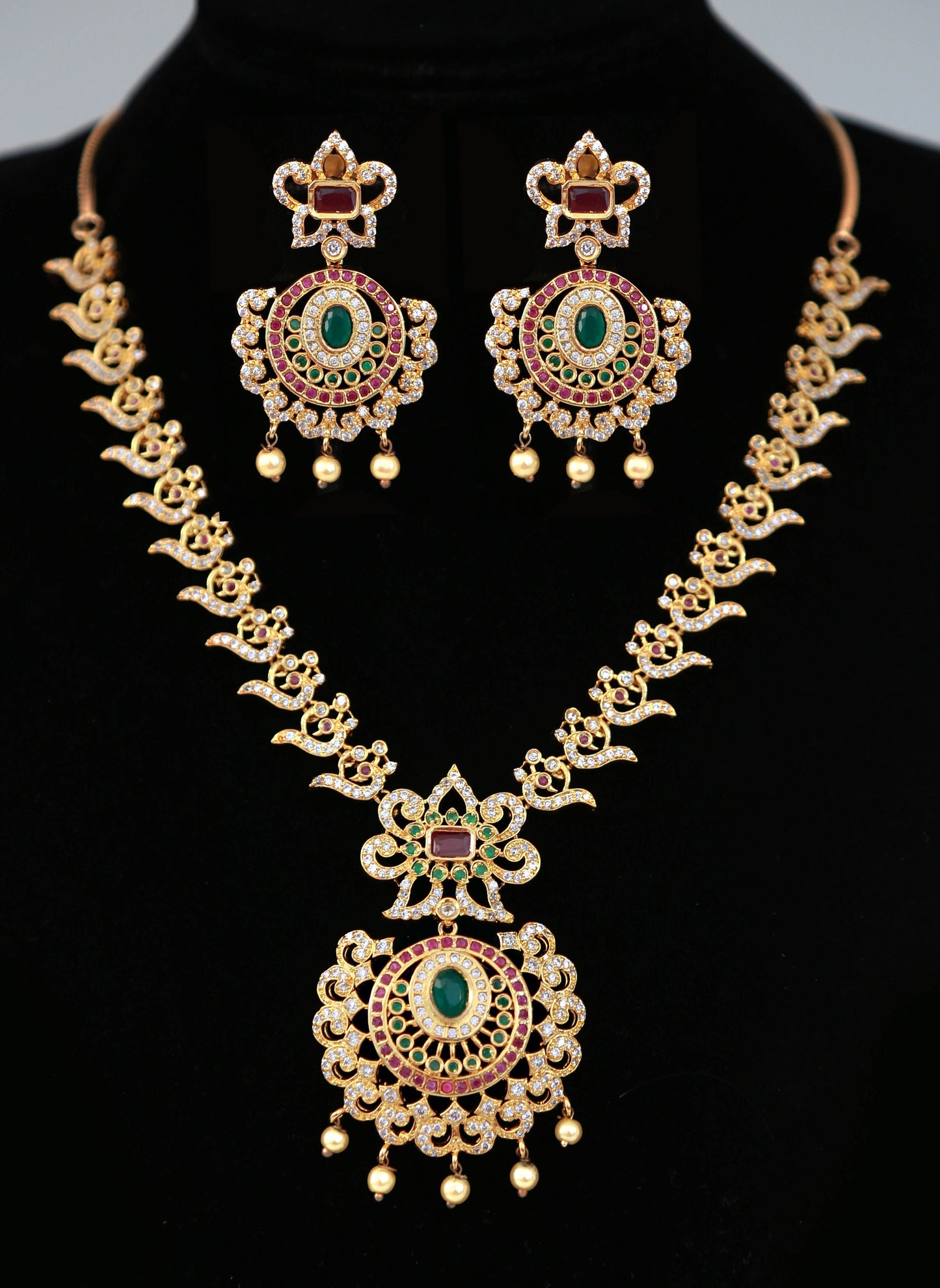 Gold Plated Indian Jewelry necklace with Ruby Green stones| Peacock Design necklace| South Indian Wedding jewelry| temple design necklace
