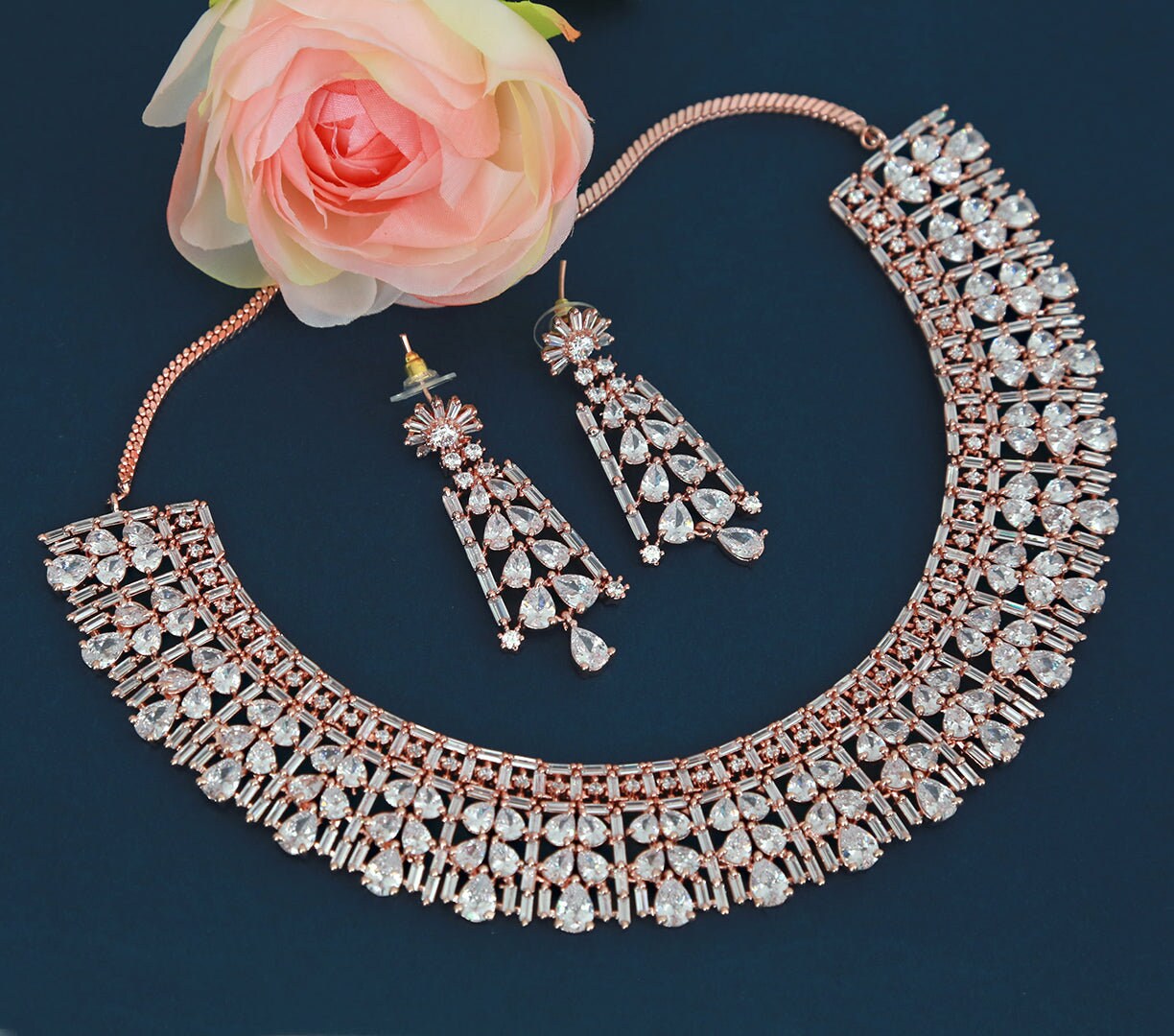 American Diamond Rose-Gold Necklace and Earrings| Emerald Green statement necklace|Indian wedding jewelry| Trendy & Stylish Necklace for her