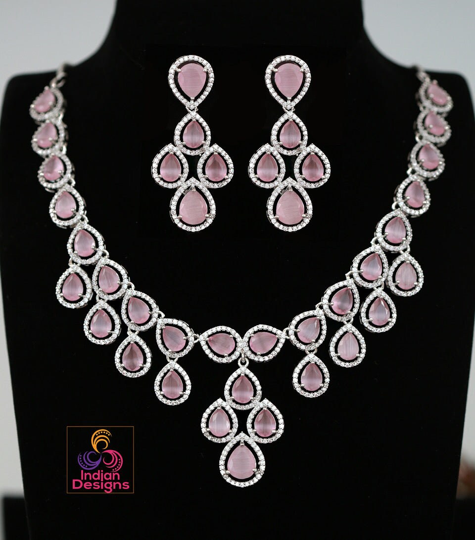 IndianDesigns CZ Stone Silver American Diamond Necklace Earrings| cz jewellery bridal set| Light blue necklace and earring set| Wedding jewelry