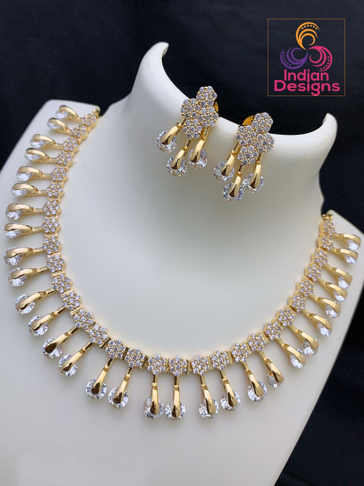 Unique and Exclusive CZ American Diamond necklace Earring set| Gold Plated CZ diamond Jewelry| Statement Wedding necklace set| Gift for her