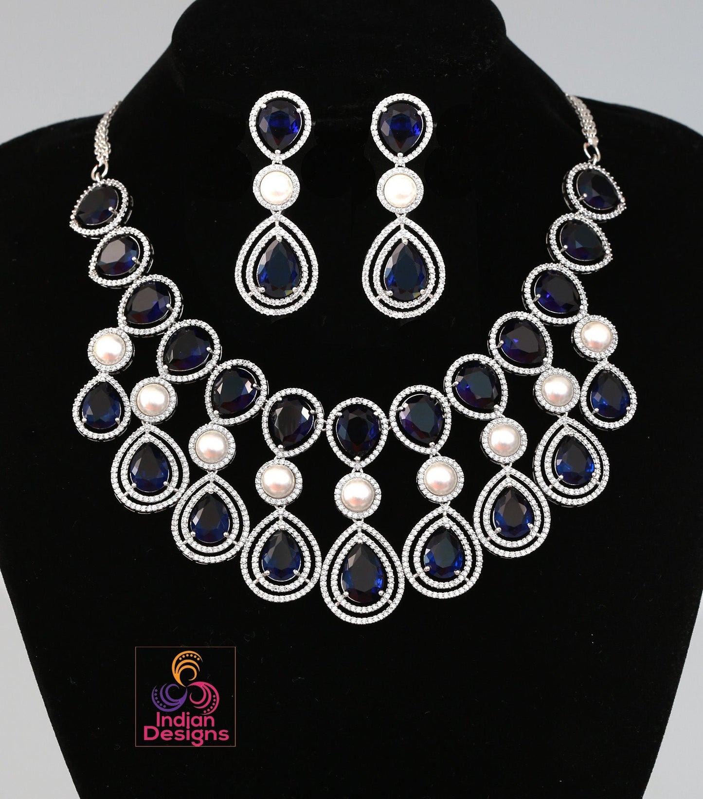 Exclusively High quality American diamond Tear drop Pear shaped CZ color stone Necklace | Silver AD necklace Earring set