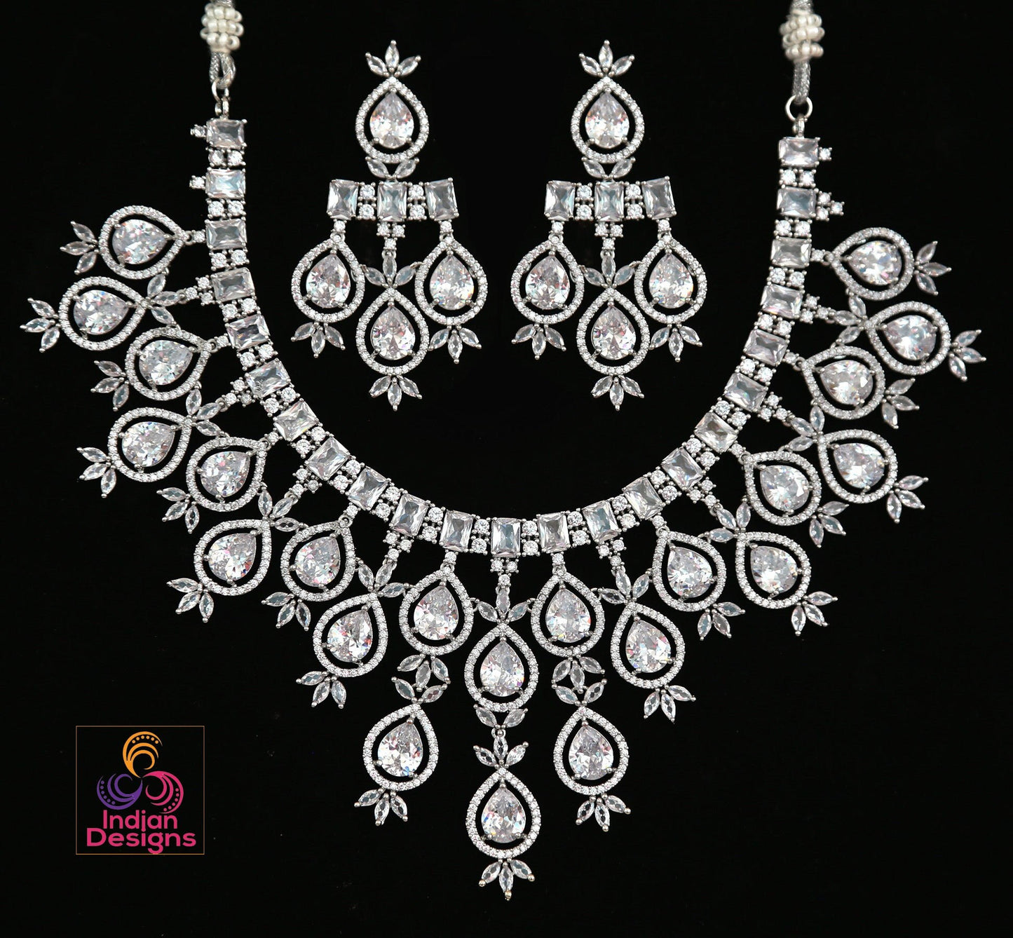 Silver American Diamond Necklace with White CZ Tear Drop stones|Indian Jewelry|Pakistani Wedding choker|Bollywood fashion|Punjabi Wedding je