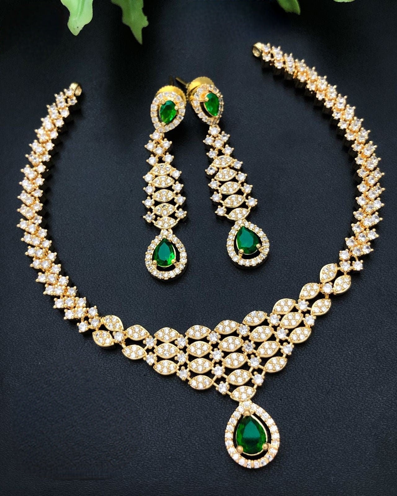 Gold Plated Cz American Diamond necklace Earring set | Indian Bollywood Jewelry | Trending Party necklace Earring set | Bridesmaid Gift
