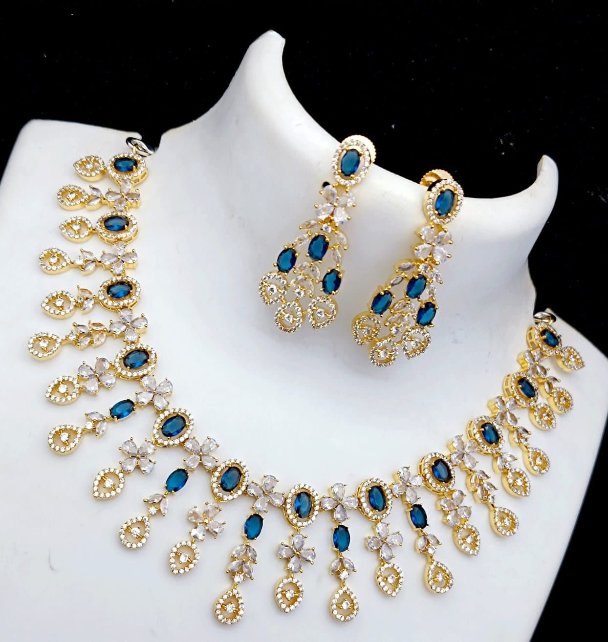 Exclusive Design American Diamond Gold tone necklace Earring set | Blue Sapphire CZ Wedding Jewelry necklace set | Baby Pink CZ Diamond Indi