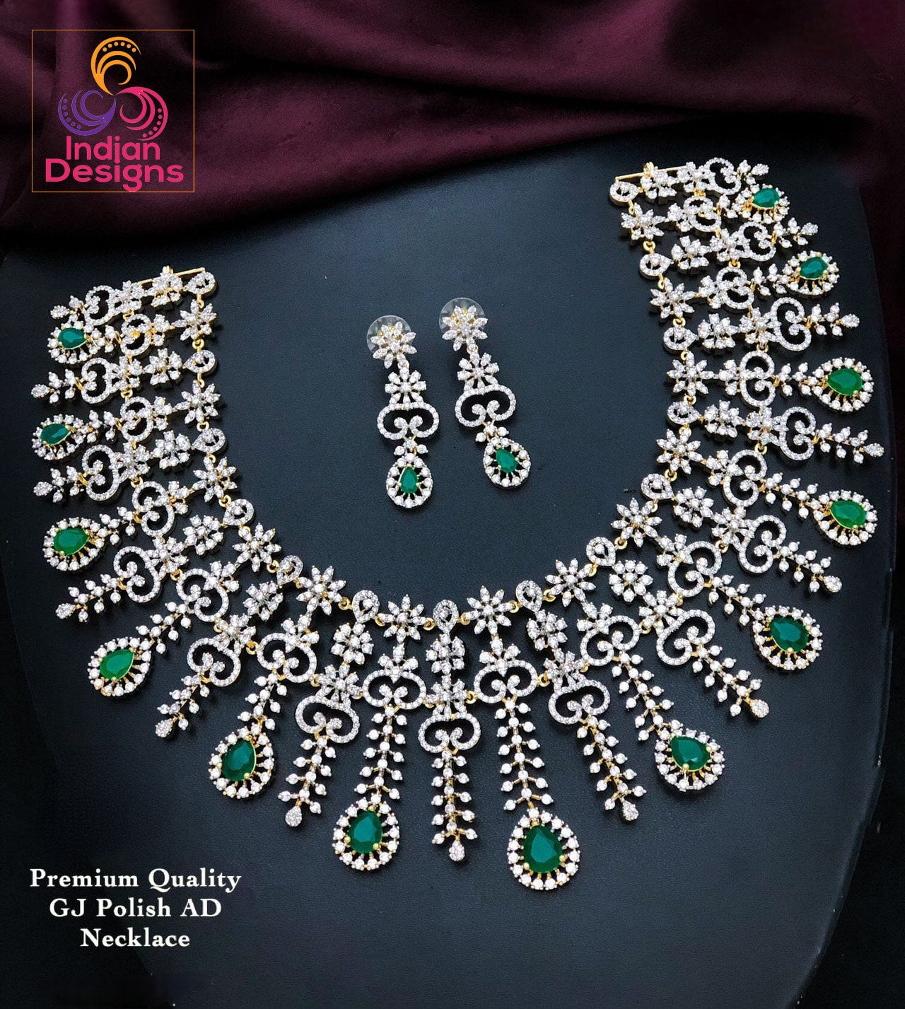 Emerald CZ Bridal Necklace Set with Earrings| GJ polish Indian Wedding Jewelry| Statement Necklace| Big American Diamond Choker|Gift for her