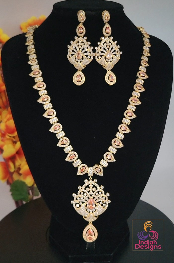 Gold Plated American Diamond Long Necklace and Earrings Set| CZ Diamond Topaz/Ruby/Emerald Stones studded Indian Wedding Bridal Jewelry