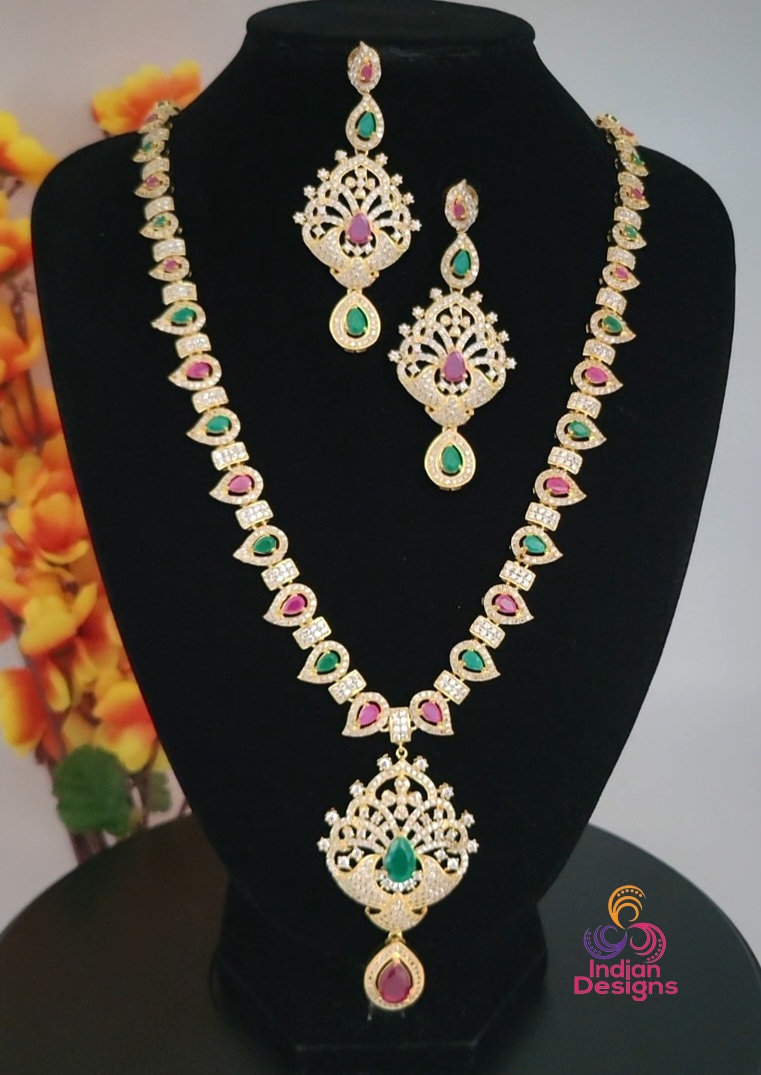 Gold Plated American Diamond Long Necklace and Earrings Set| CZ Diamond Topaz/Ruby/Emerald Stones studded Indian Wedding Bridal Jewelry