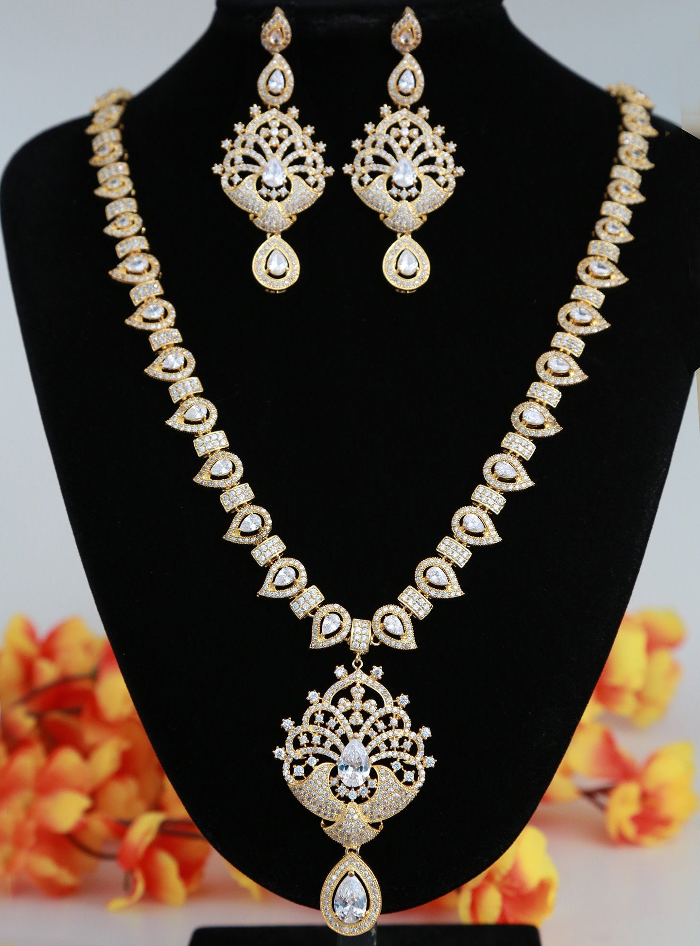 Gold Plated American Diamond Long Necklace and Earrings Set| CZ Diamond Topaz/Ruby/Emerald Stones studded Indian Wedding Bridal Jewelry