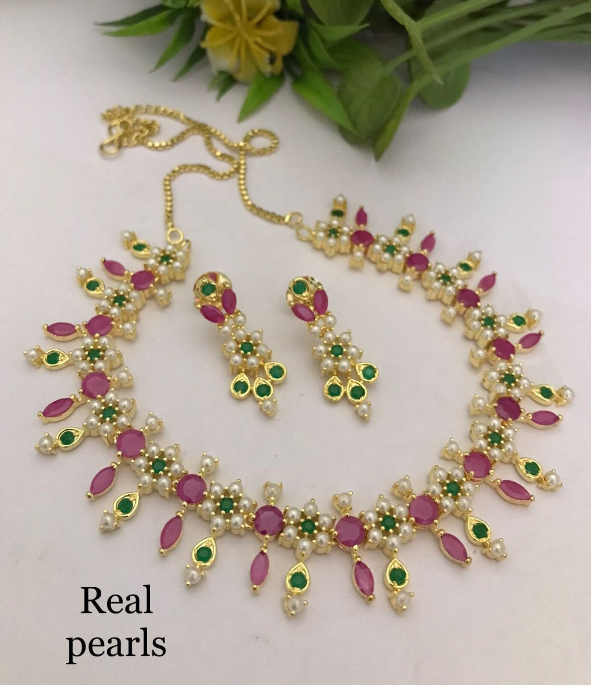 Gold Plated American Diamond Pearls, Ruby and Emerald CZ stone Necklace Earring set|Indian Jewelry|Statement jewelry|Birth day Gift for her