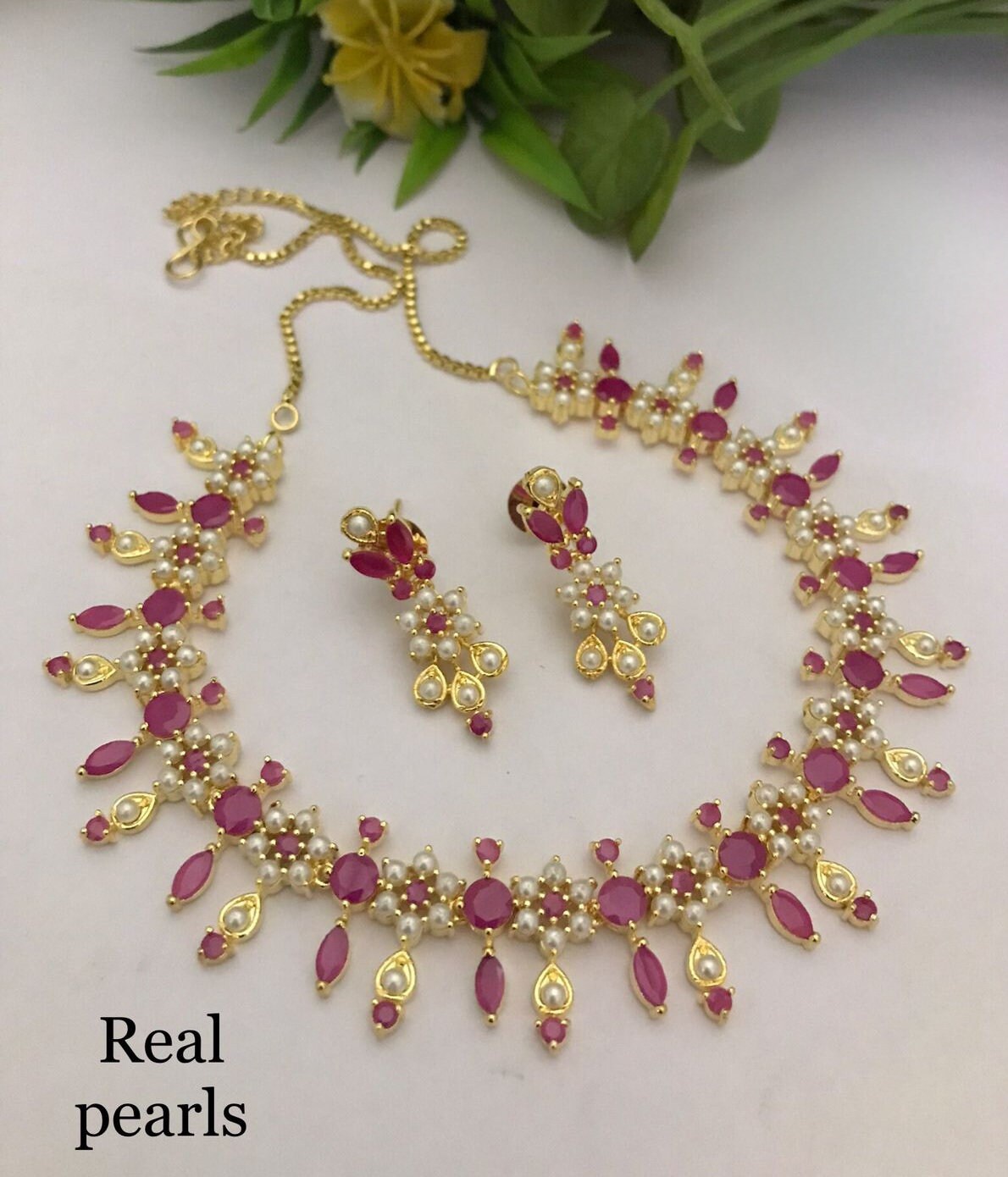 Gold Plated American Diamond Pearls, Ruby and Emerald CZ stone Necklace Earring set|Indian Jewelry|Statement jewelry|Birth day Gift for her