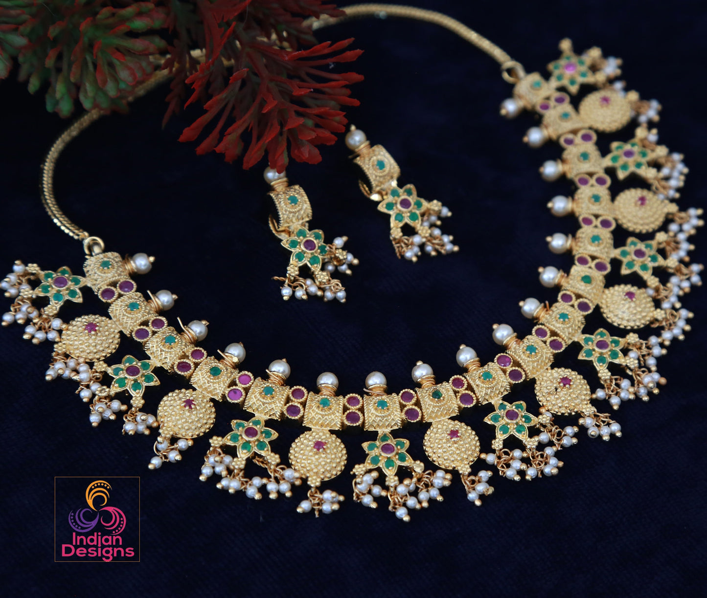 Traditional Matte Finish AD stone Necklace set|South indian wedding Gutthapusalu Necklace | Gold plated American Diamond Ruby & emerald set