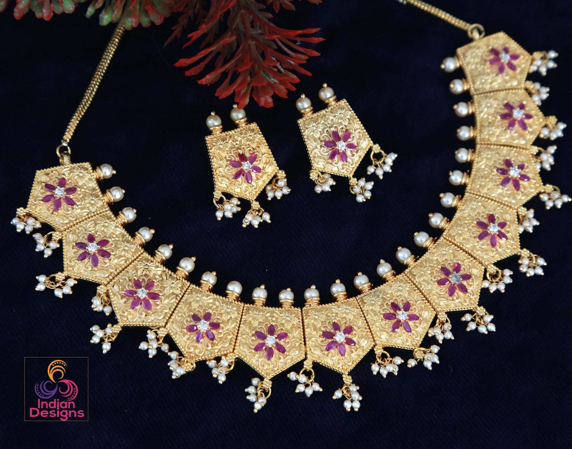 Matte Gold Finish AD stone Necklace Earring set|South indian wedding Temple Necklace |Gold plated American Diamond Ruby & emerald choker set