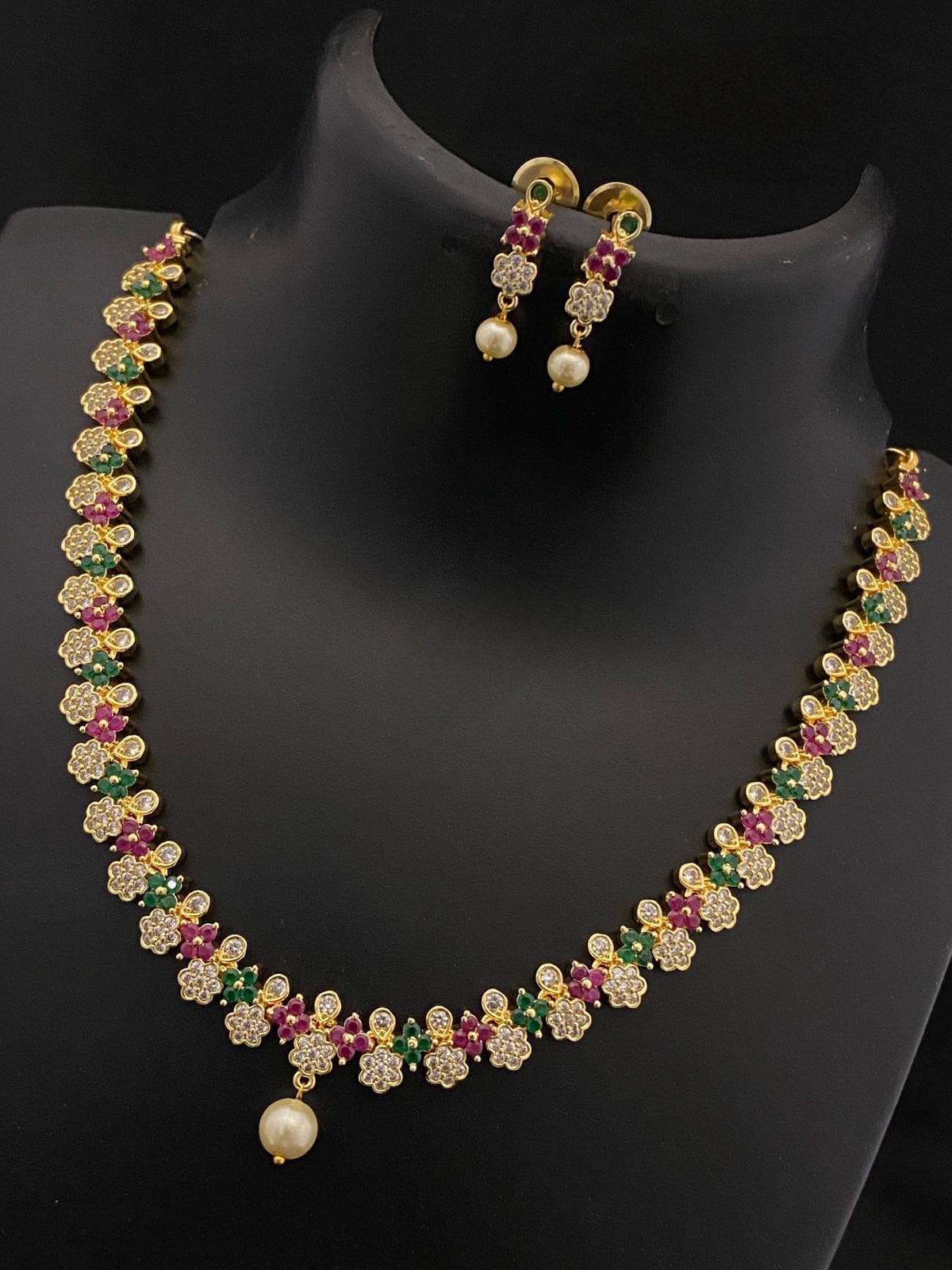 Gold Plated CZ crystal American diamond Floral choker Necklace Earring Set |Small AD choker set | Multicolor fashion Jewelry set for women