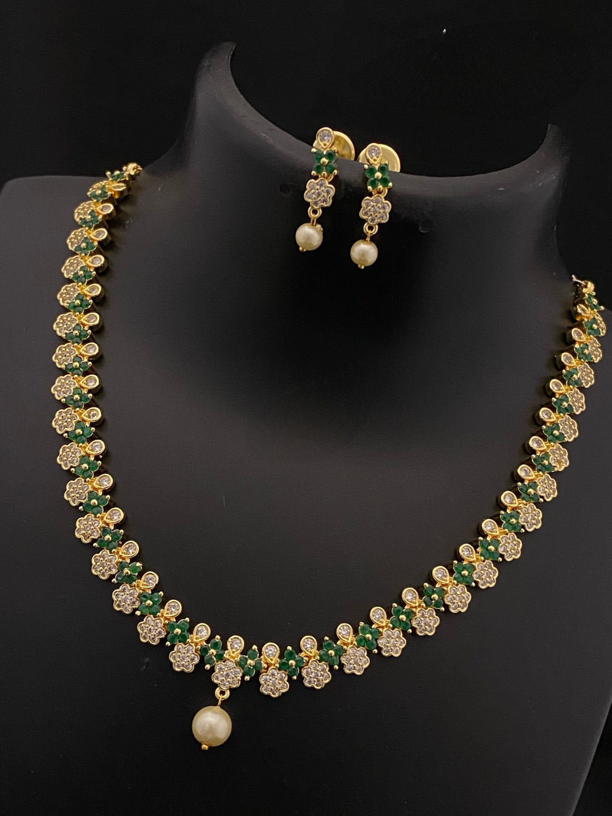 Gold Plated CZ crystal American diamond Floral choker Necklace Earring Set |Small AD choker set | Multicolor fashion Jewelry set for women