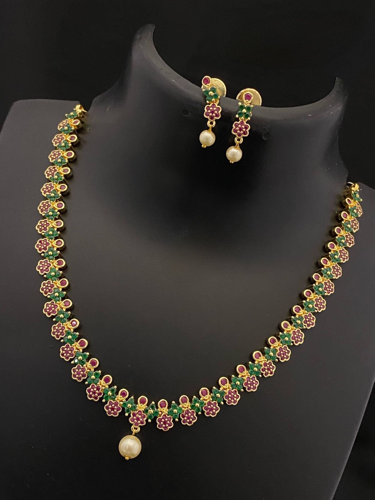 Gold Plated CZ crystal American diamond Floral choker Necklace Earring Set |Small AD choker set | Multicolor fashion Jewelry set for women