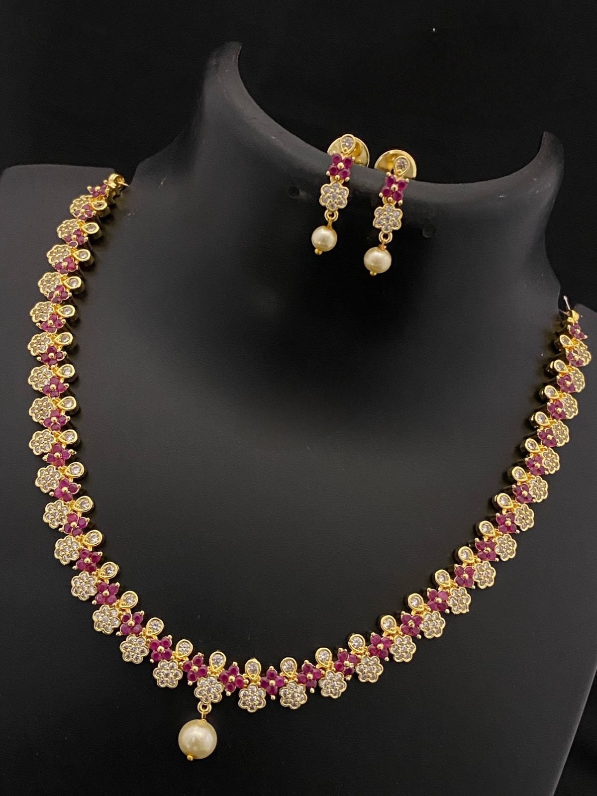 Gold Plated American diamond Floral choker Necklace Earring Set |Small AD choker set | Multicolor fashion Jewelry set for women| Gift of her