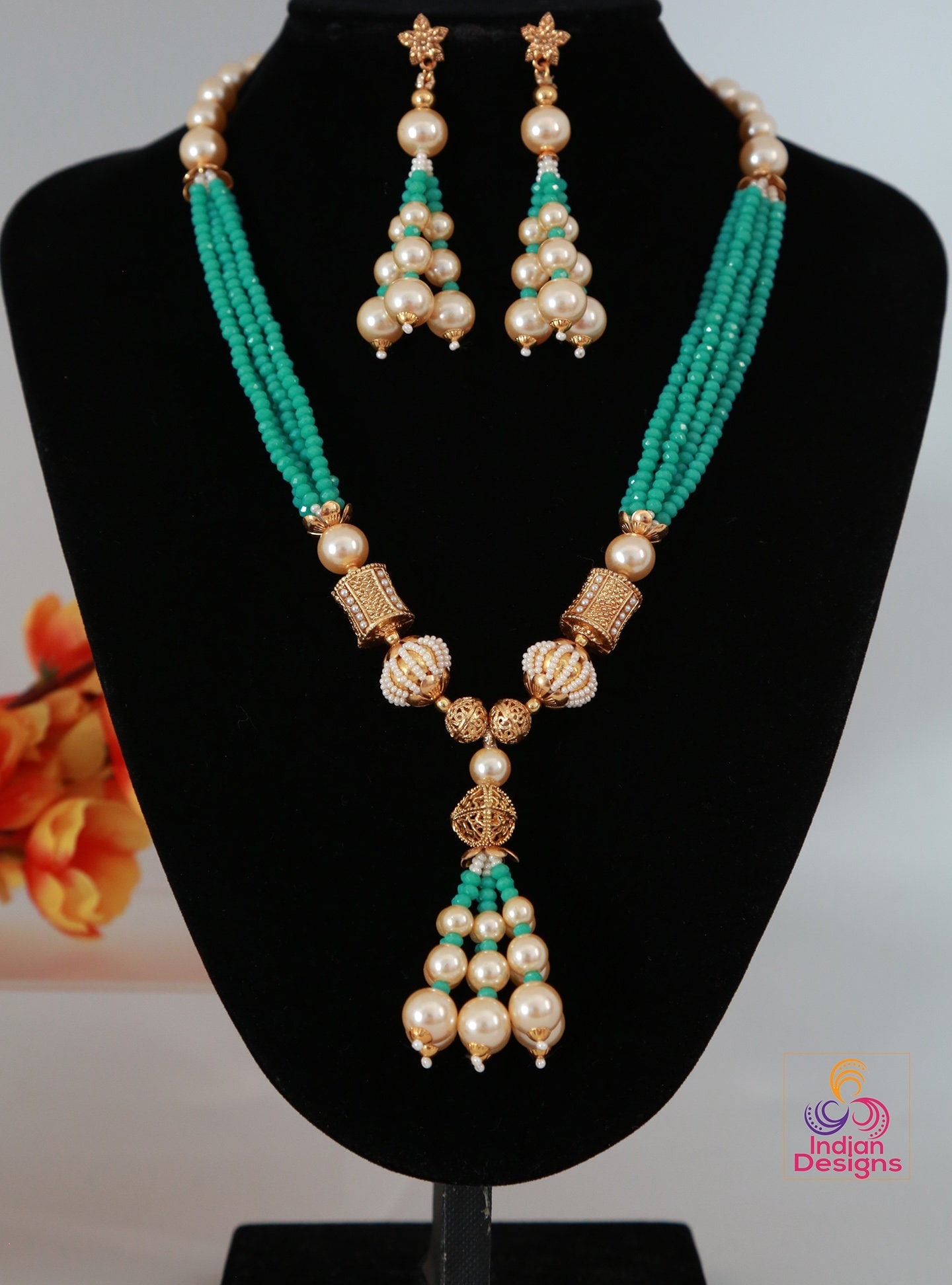 Elegant Turquoise Green Beads Gold tone Necklace Set|Luxury Beaded Necklace & Earring| Royal Blue Beaded and Pearl Jewelry Set|Gift for her