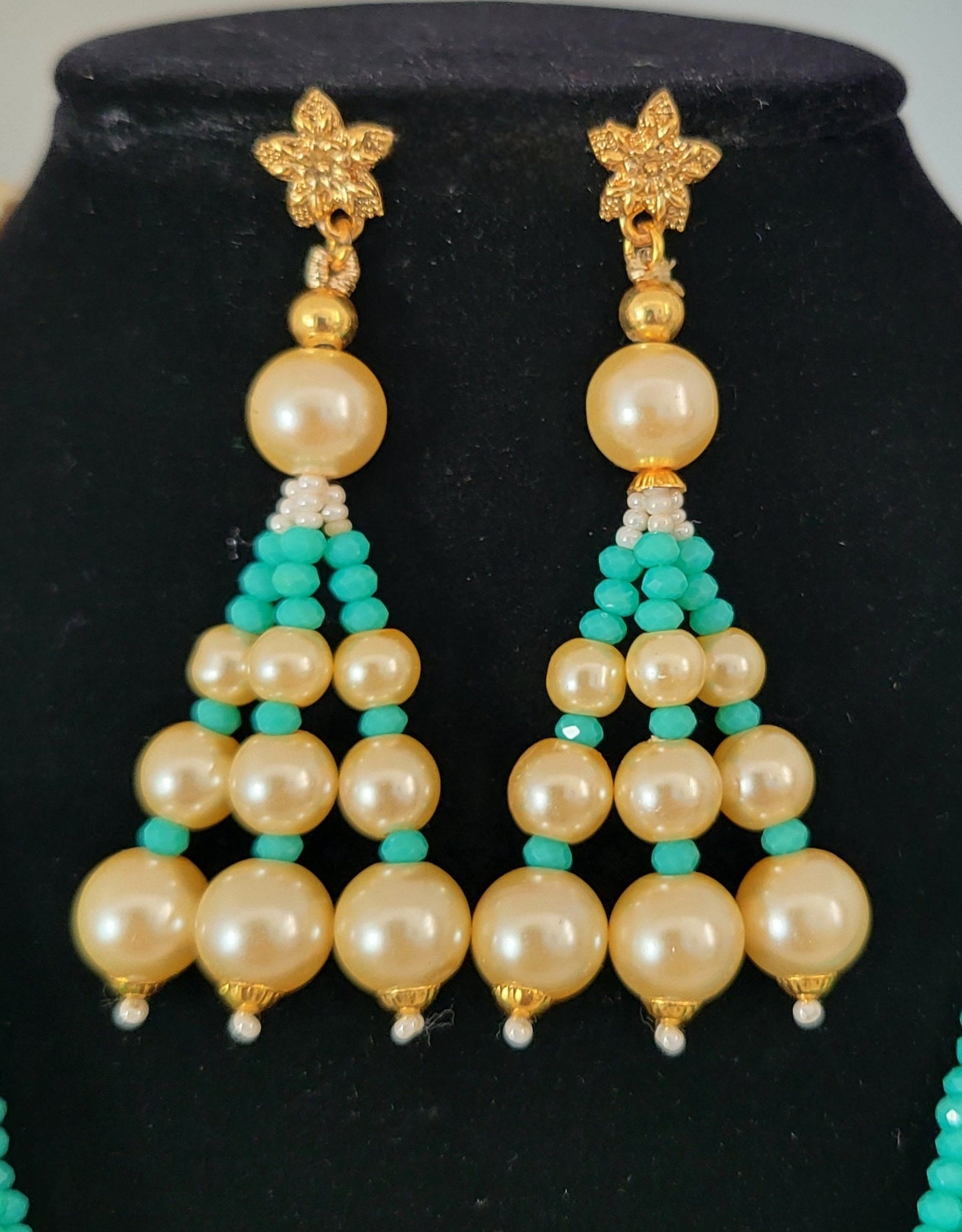 Elegant Turquoise Green Beads Gold tone Necklace Set|Luxury Beaded Necklace & Earring| Royal Blue Beaded and Pearl Jewelry Set|Gift for her