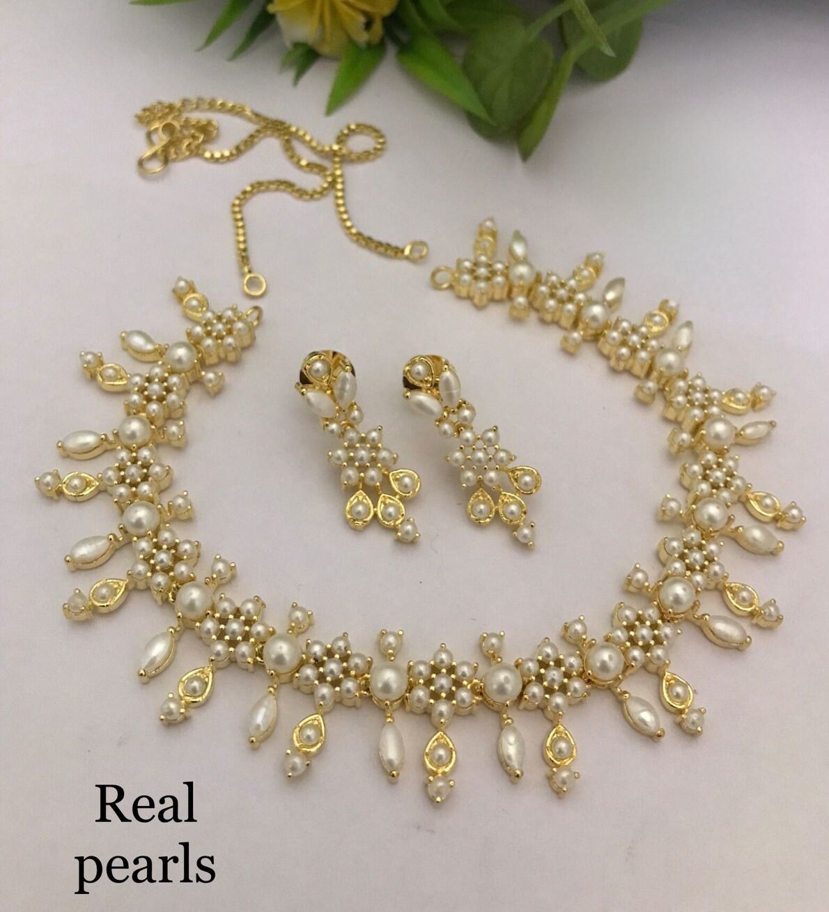 Gold Plated American Diamond Pearls, Ruby and Emerald CZ stone Necklace Earring set|Indian Jewelry|Statement jewelry|Birth day Gift for her