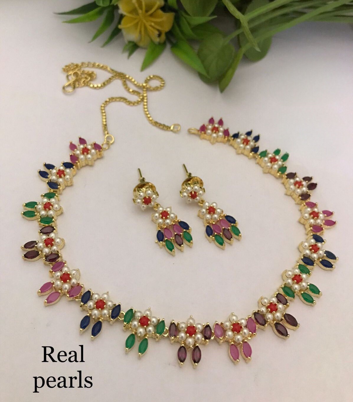Gold Plated American Diamond Pearls, Ruby and Emerald CZ stone Necklace Earring set|Indian Jewelry|Statement jewelry|Birth day Gift for her