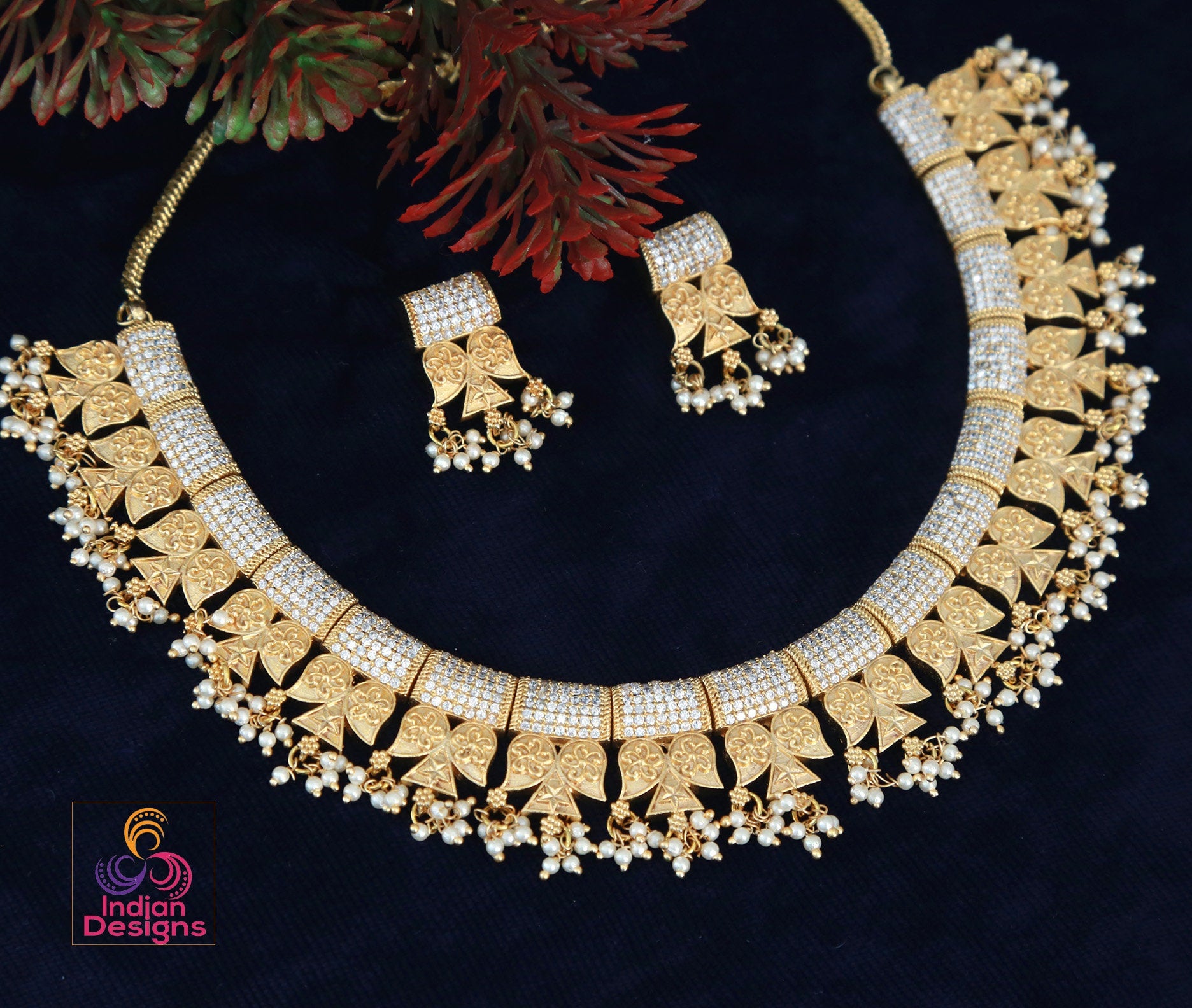 Traditional Matte Finish AD stone Necklace set|South indian wedding Gutthapusalu Necklace | Gold plated American Diamond Ruby & emerald set