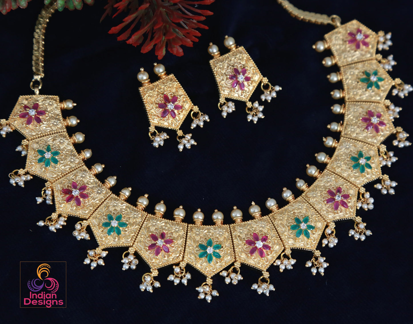 Matte Gold Finish AD stone Necklace Earring set|South indian wedding Temple Necklace |Gold plated American Diamond Ruby & emerald choker set