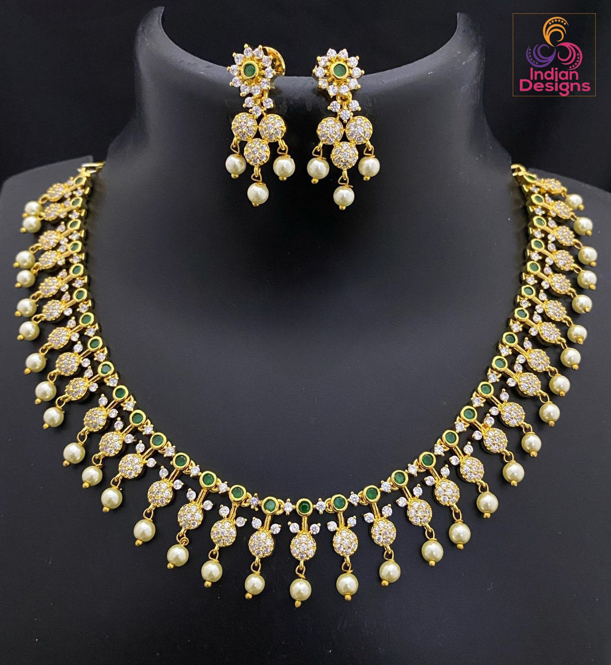 Gold Plated American diamond necklace set with Pearl Drop| Trendy South Indian style Fashion Jewelry| One gram gold CZ AD necklace Earrings