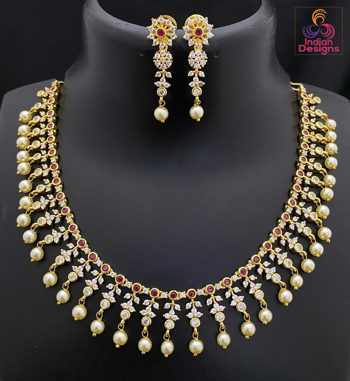 Gold Plated American diamond necklace set with Pearl Drop| Trendy South Indian style Fashion Jewelry| One gram gold CZ AD necklace Earrings