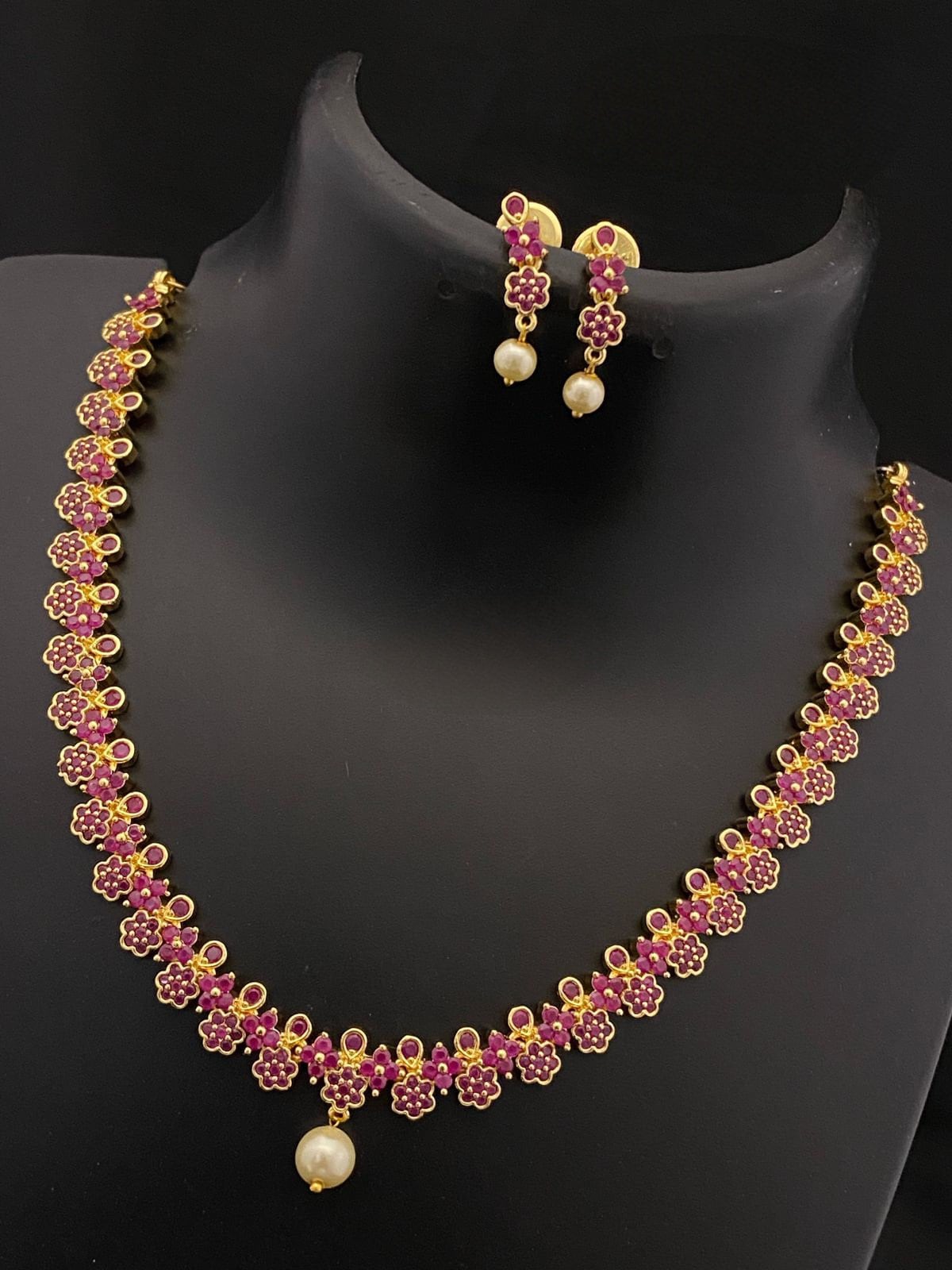 Gold Plated CZ crystal American diamond Floral choker Necklace Earring Set |Small AD choker set | Multicolor fashion Jewelry set for women